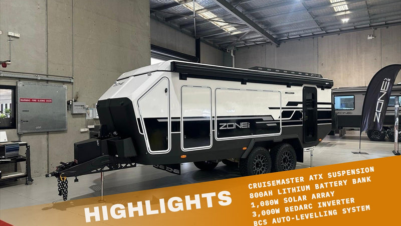 2025 Zone RV Expedition Pop Top highlights: Cruisemaster ATX suspension, 800Ah lithium battery bank, 1080W solar array, 3000W Redarc inverter, BCS auto-levelling system
