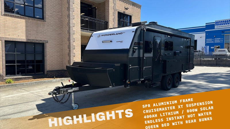 2026 Wonderland RV Hornet 2106 Double Rear Bunk highlights: SPR aluminium frame, Cruisemaster XT suspension, 400Ah lithium and 800W solar, endless instant hot water, queen bed with rear bunks